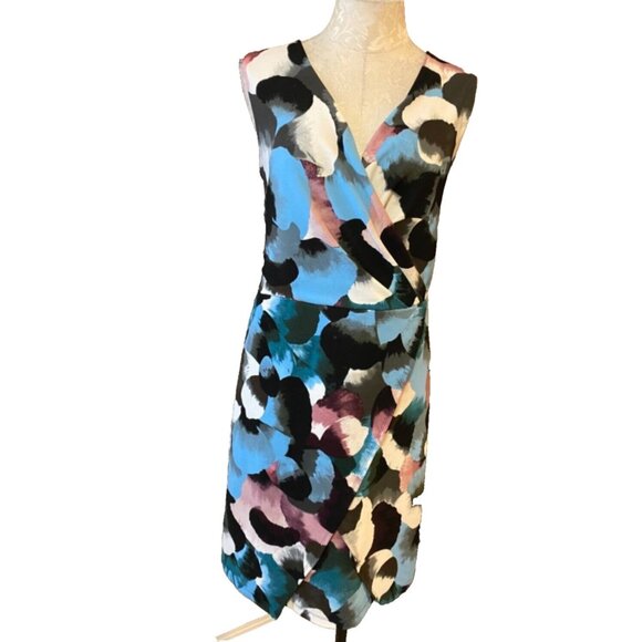 ILE New York Dress 16 Blue Plum Black White Stretch Sleeveless Washable Summer - Picture 1 of 7